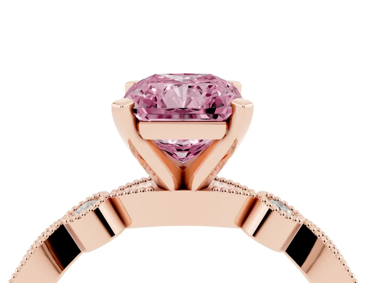 Fancy Pink Radiant Cut Milgrain Bezel Diamond Engagement Ring with Solitaire Prong Setting Rose gold