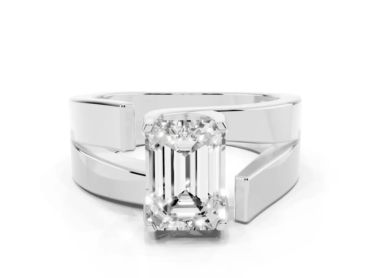 Modern Tension Set Emerald Cut Diamond Solitaire Wide Band Ring Silver
