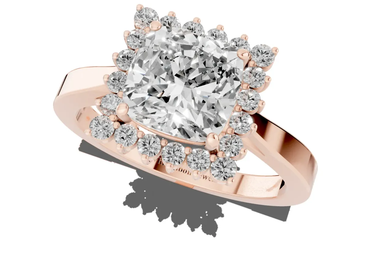 Cushion Cut Cut Diamond Halo Ring with Round Brilliant Halo and Solitaire Band Rose gold