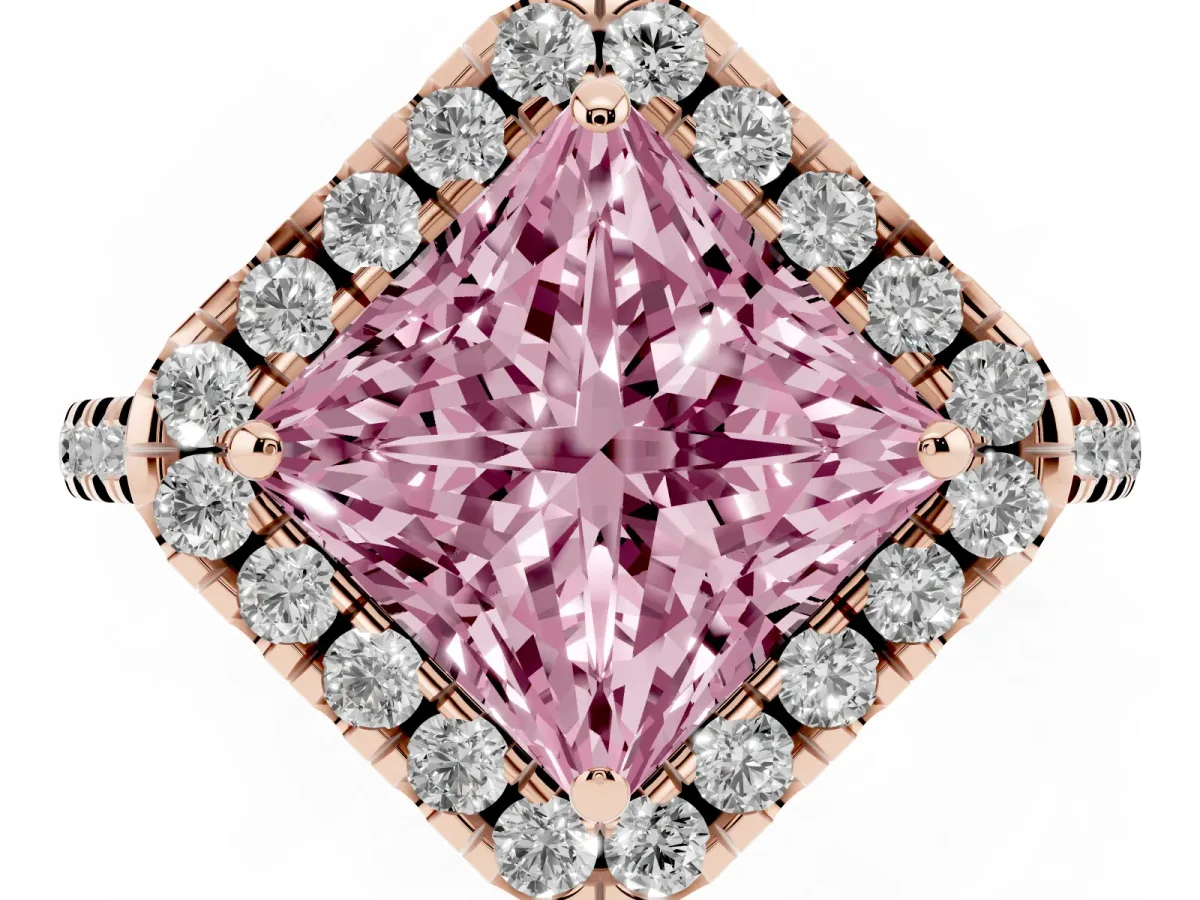 Fancy Pink Princess Cut Diamond Cushion Halo Ring with Pavé Band Rose gold