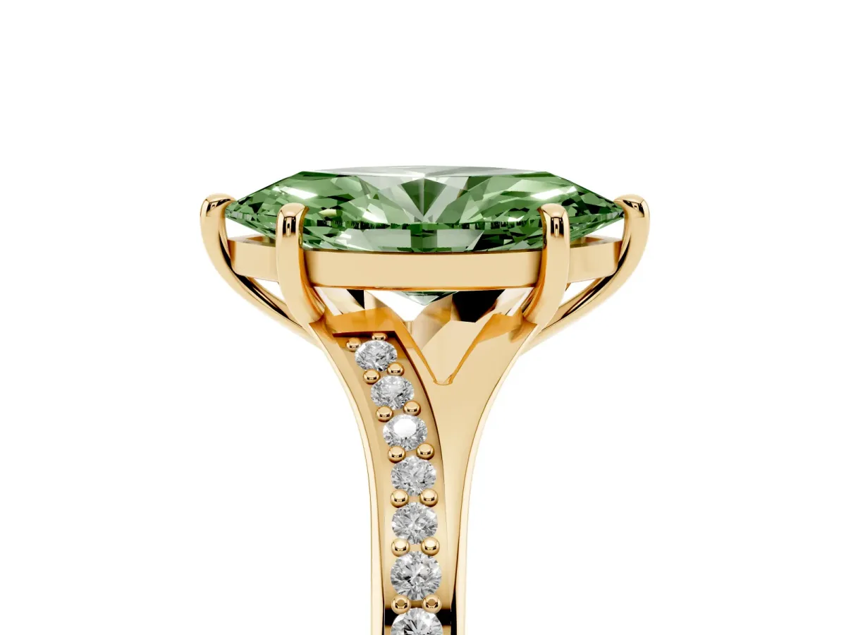 Fancy Green Marquise Cut Diamond Solitaire Ring with Pavé Band and Prong Setting Yellow gold