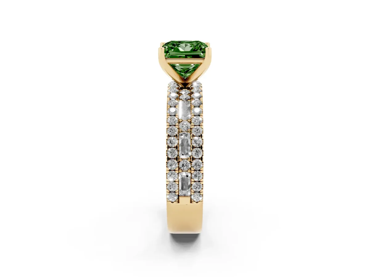 Fancy Green Princess Cut Diamond Solitaire Ring with Pavé and Channel Set Band Yellow gold