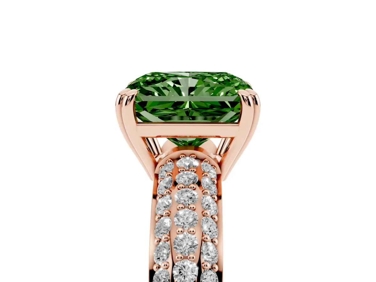 Fancy Green Radiant Cut Diamond Solitaire Ring with Multi-Row Round Pavé Band and Prong Setting Rose gold