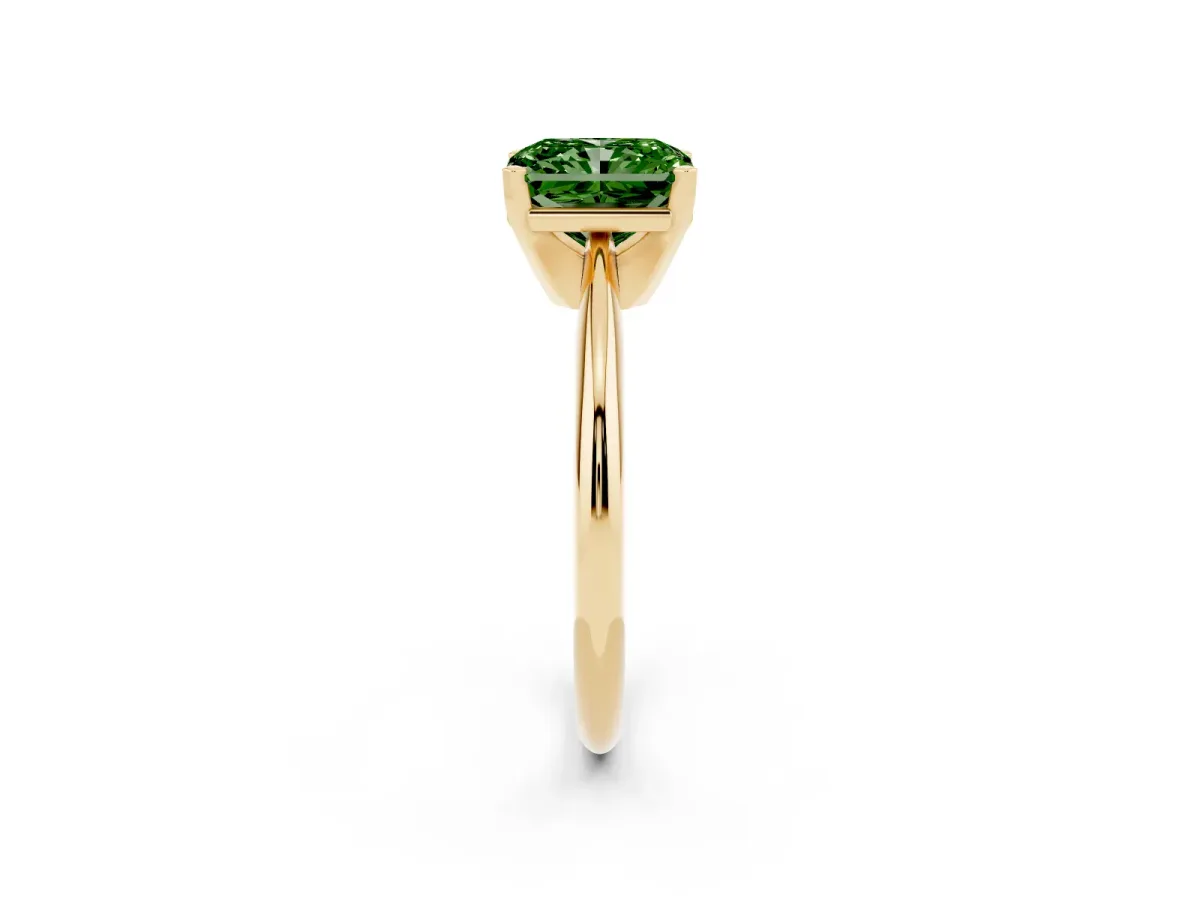 Fancy Green Radiant Cut Cut Solitaire Ring with Four-Prong Setting on a Classic Band Yellow gold