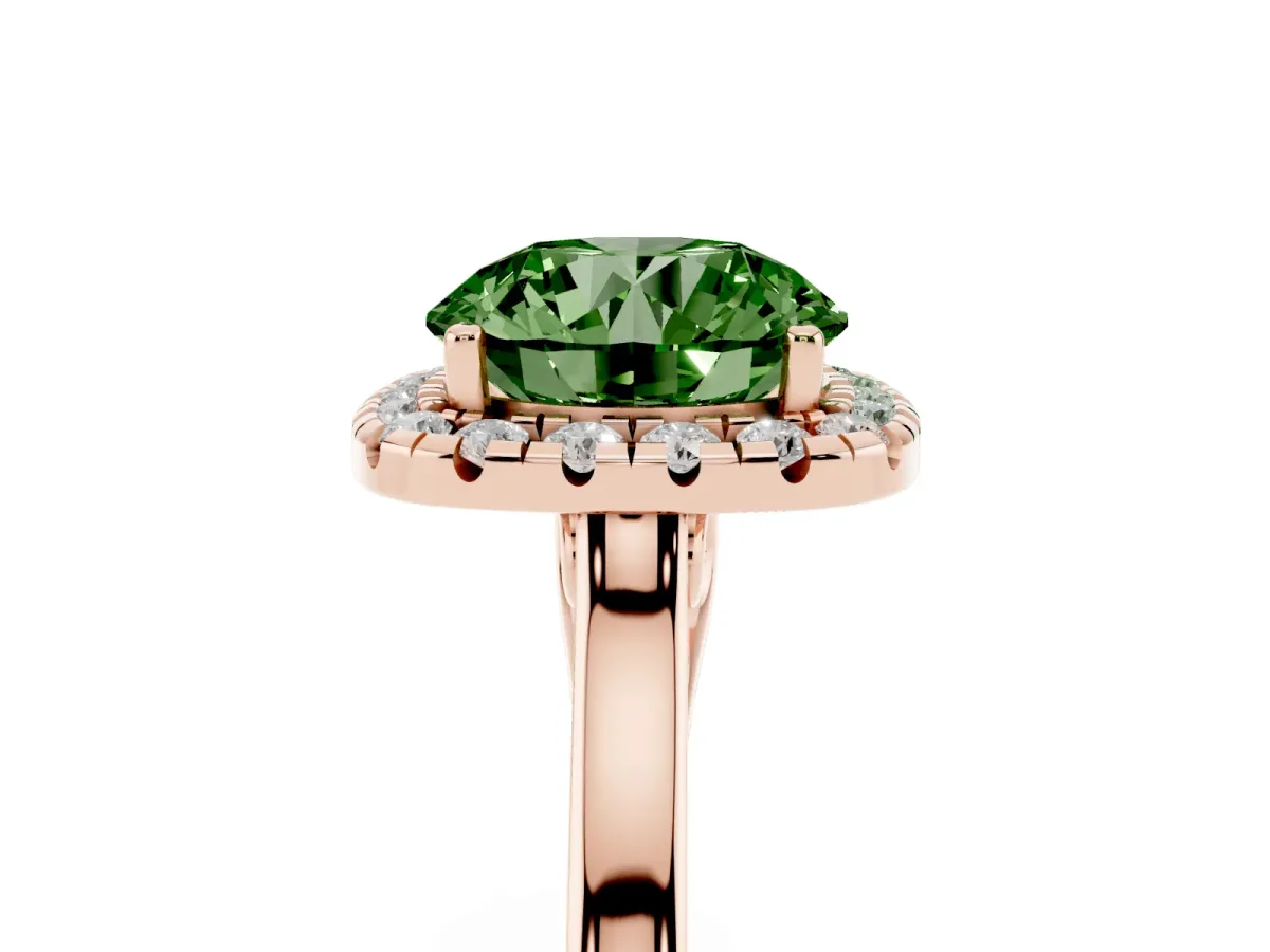 Fancy Green Round Cut Halo Round Diamond Solitaire Ring with Pavé Band and Four-Prong Setting Rose gold