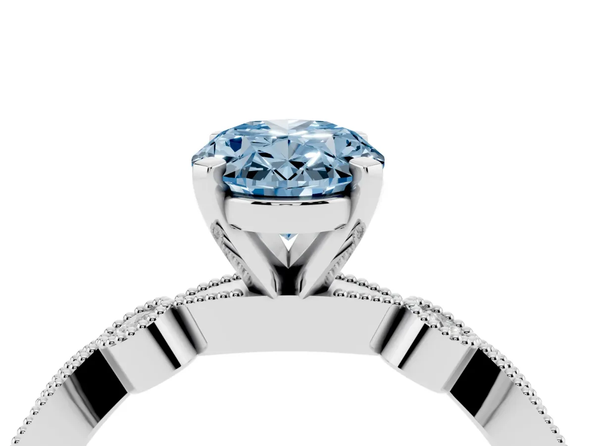 Fancy Blue Oval Cut Milgrain Bezel Diamond Engagement Ring with Solitaire Prong Setting Silver