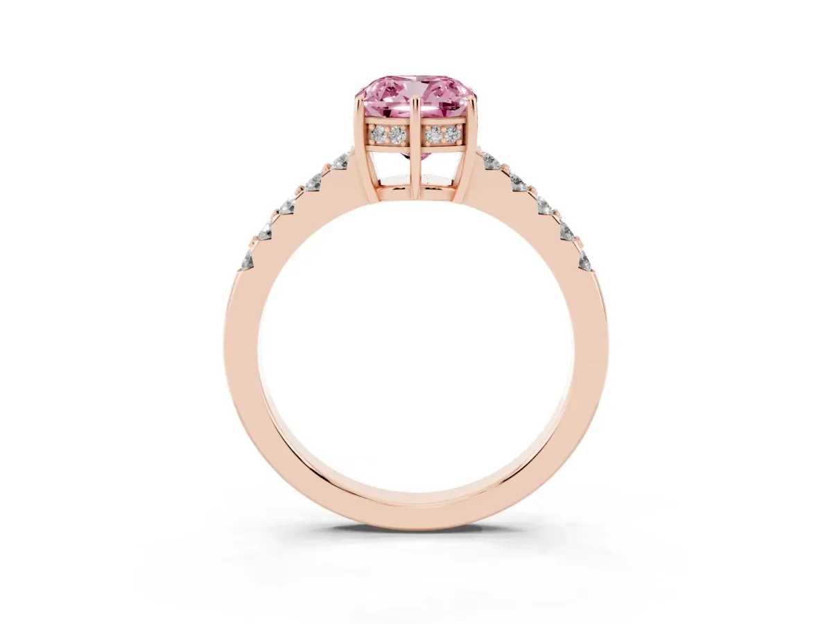 Fancy Pink Cushion Cut Solitaire Diamond Engagement Ring with Pavé Band and Six-Prong Setting Rose gold