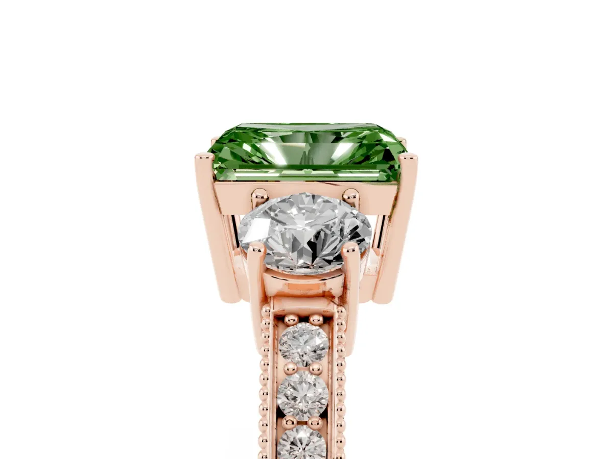 Fancy Green Radiant Cut Three-Stone Diamond Ring with Pavé Band and Four-Prong Setting Rose gold