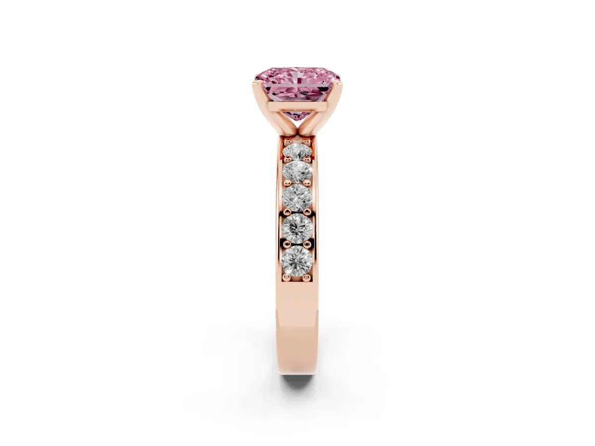 Fancy Pink Radiant Cut Diamond Engagement Ring with Channel Set Round Band and Prong Setting Rose gold