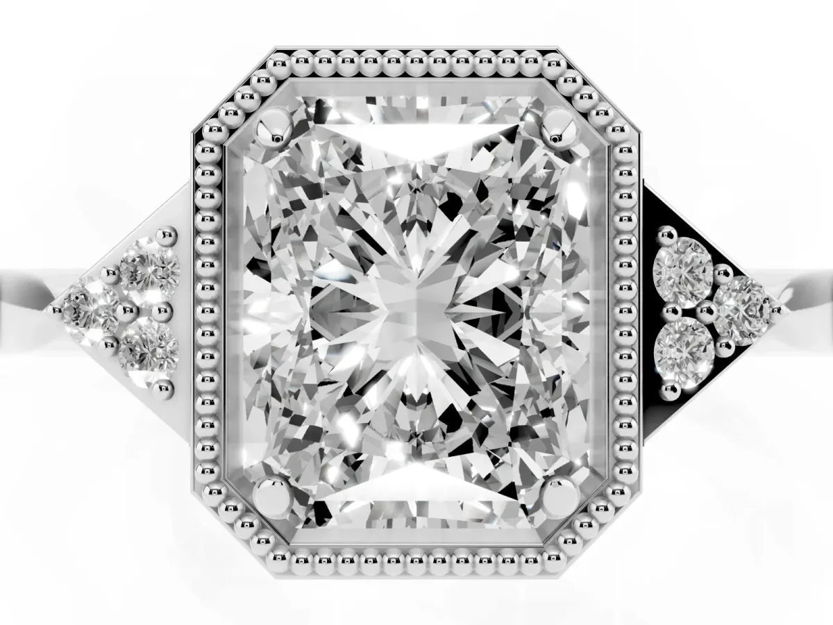 Radiant Cut Diamond Halo Ring with Tapered Band and Four-Prong Setting White gold
