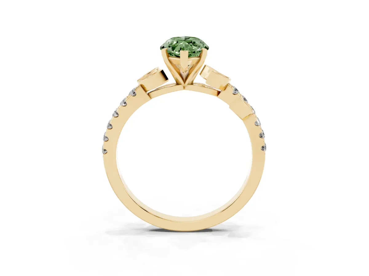 Fancy Green Marquise Cut Solitaire Leaf-Inspired Diamond Ring with Pavé Band and Four-Prong Setting Yellow gold