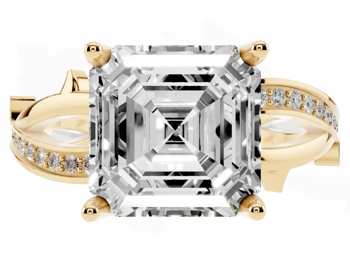 Asscher Cut Solitaire Twist Band with Pavé Accents and Four-Prong Setting Yellow gold