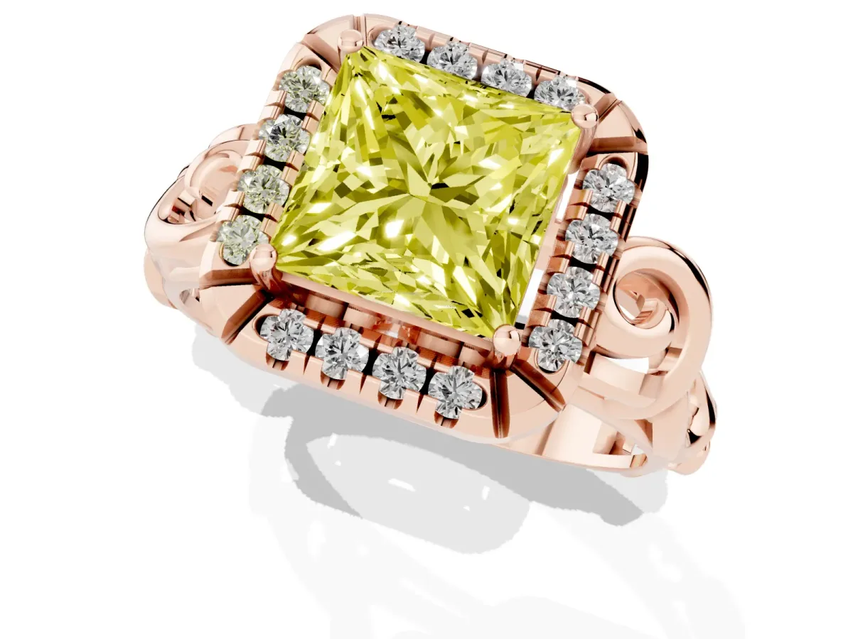 Fancy Yellow Princess Cut Cut Halo Diamond Ring with Scrollwork Band and Four-Prong Setting Rose gold