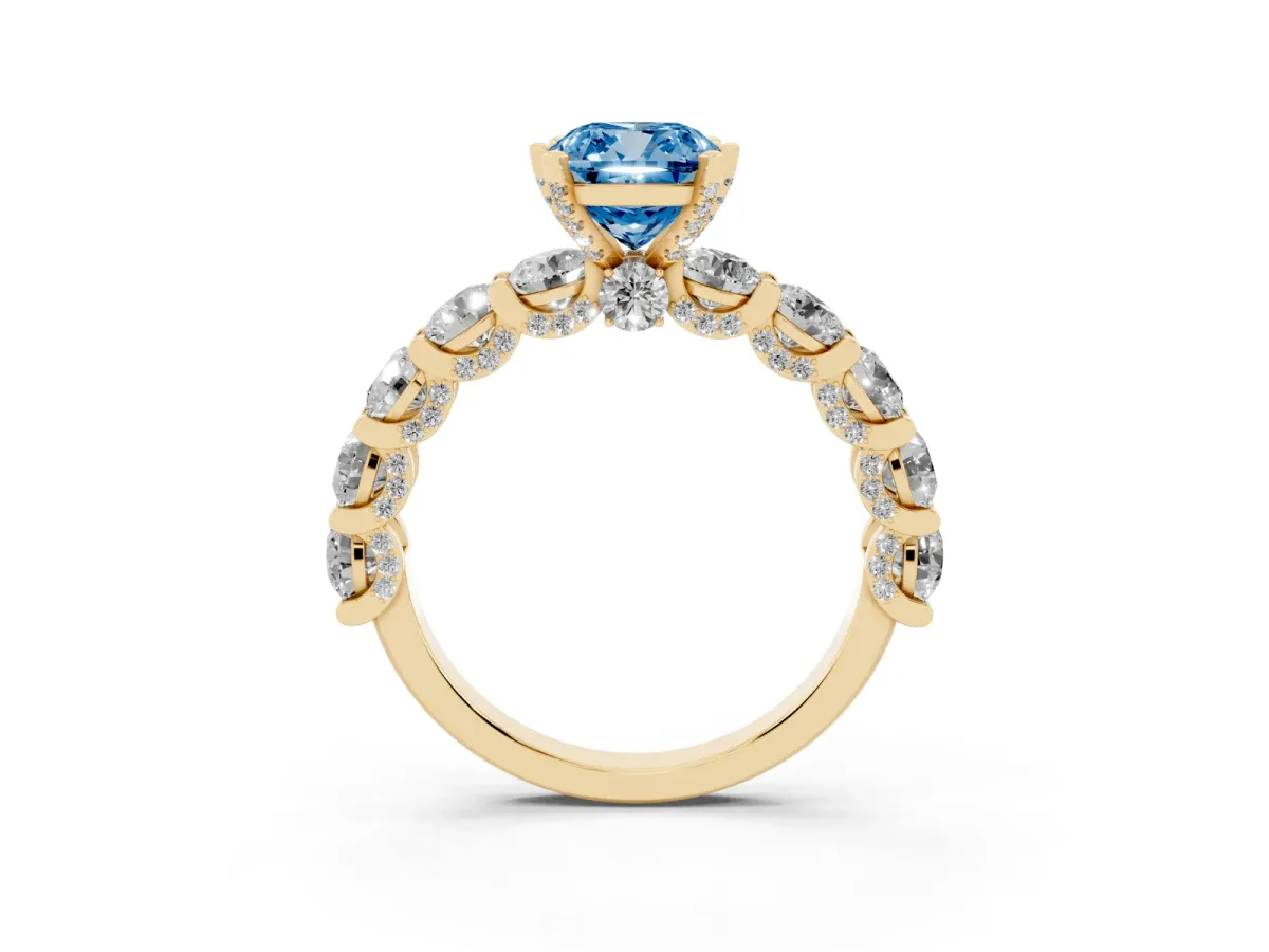 Fancy Blue Cushion Cut Diamond Side Stone Engagement Ring with Four-Prong Setting Yellow gold