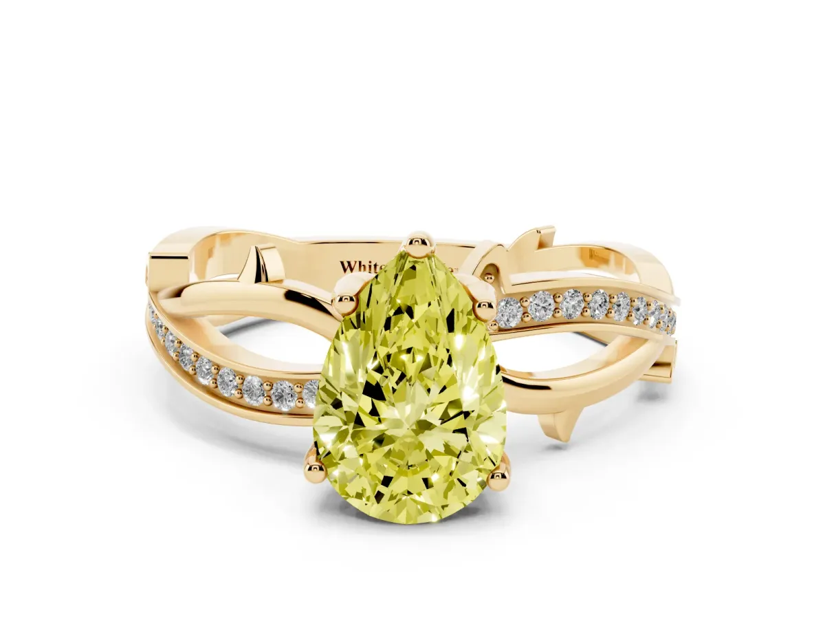 Fancy Yellow Pear Cut Solitaire Twist Band with Pavé Accents and Four-Prong Setting Yellow gold