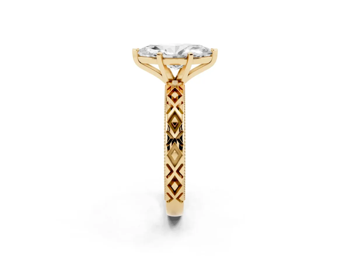 Marquise Cut Solitaire Diamond Ring with Milgrain and Black Enamel X Pattern Band Yellow gold