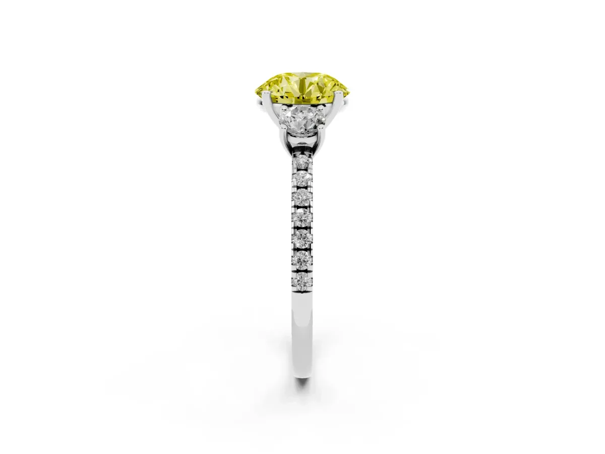 Fancy Yellow Three-Stone Round Cut Cut Diamond Pavé Band with Prong Setting Platinum