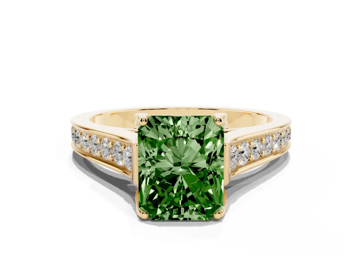 Fancy Green Radiant Cut Brilliant Cut Diamond Engagement Ring with Pavé Band and Four-Prong Setting Yellow gold