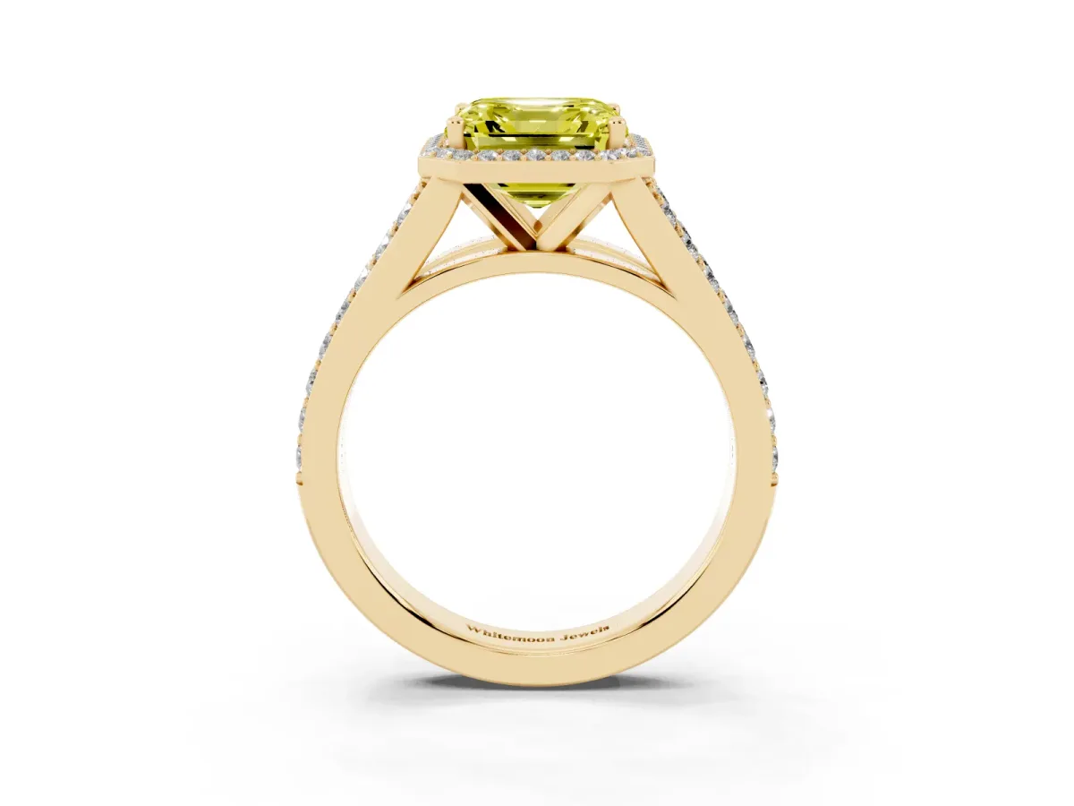Fancy Yellow Asscher Cut Diamond Split Shank Halo Ring with Four-Prong Setting Yellow gold