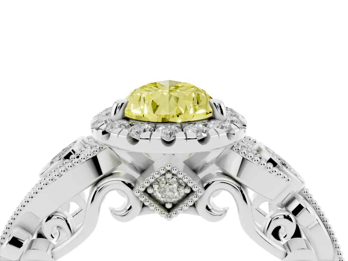 Fancy Yellow Pear Cut Halo Diamond Ring with Milgrain and Bezel Accents on a Split Shank Band White gold