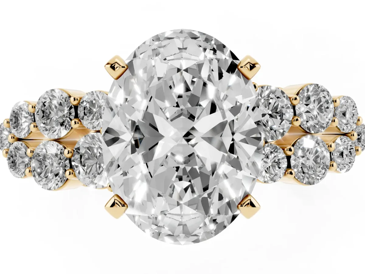 Oval Cut Cluster Diamond Engagement Ring with Pavé Band and Four-Prong Setting Yellow gold