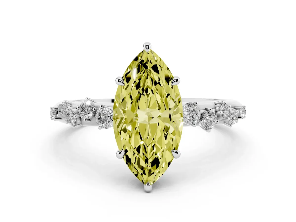 Fancy Yellow Marquise Cut Diamond Cluster Prong-Set Solitaire Ring Silver
