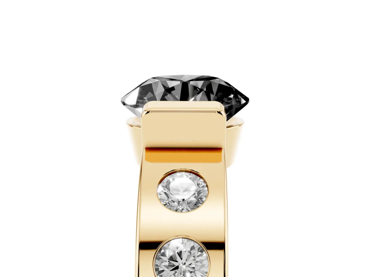 Fancy Black Round Cut Brilliant Channel-Set Diamond Ring with Bezel Prong Setting Yellow gold