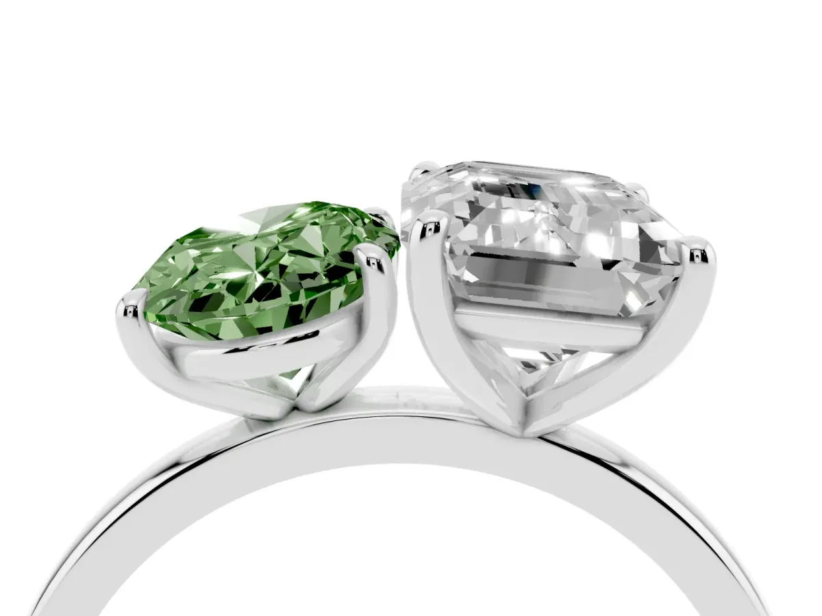 Fancy Green Oval Cut and Emerald Cut Toi Moi Ring with Prong Setting Platinum