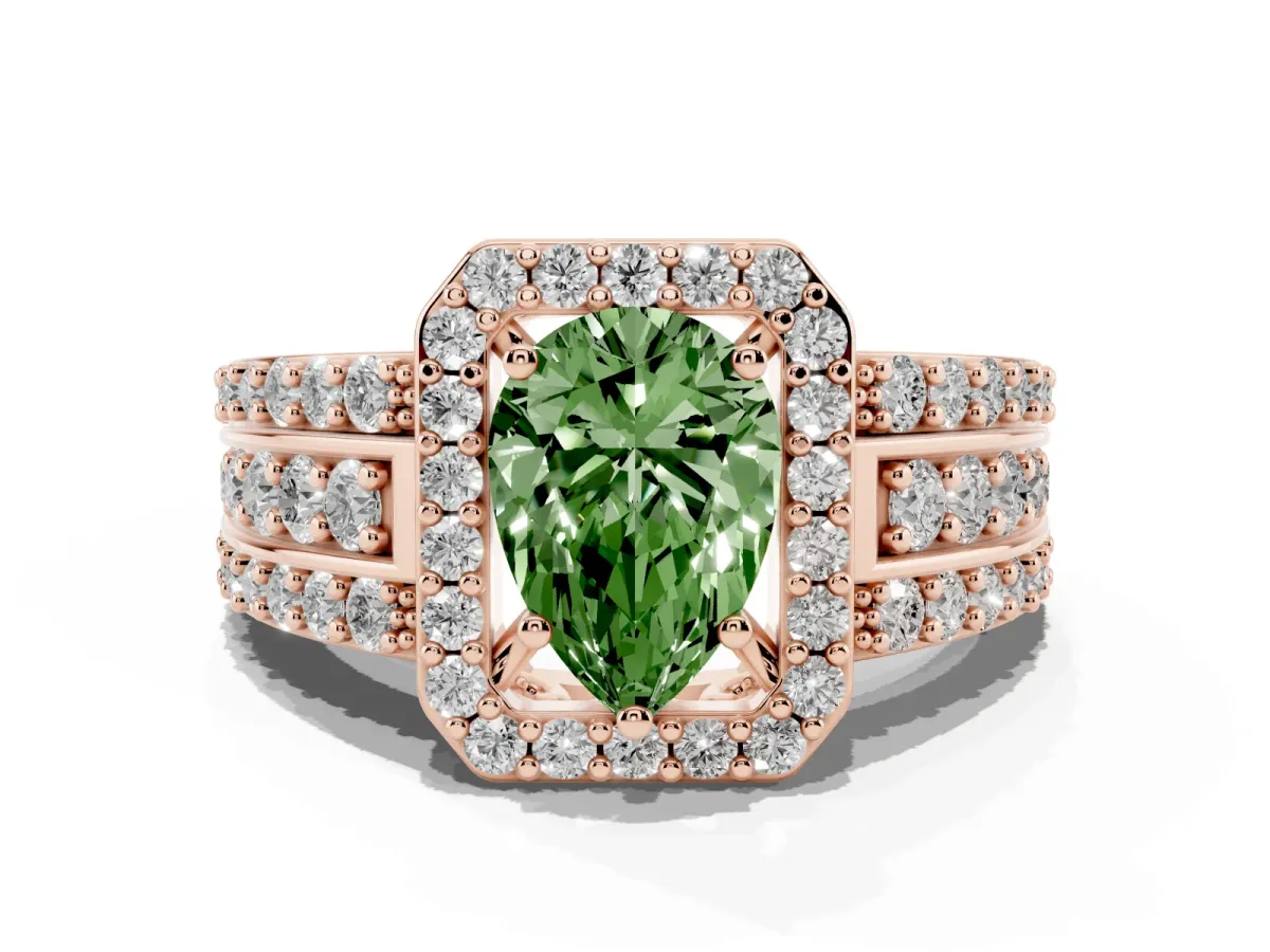 Fancy Green Pear Cut Halo Diamond Ring with Round Split Shank and Prong Setting Rose gold