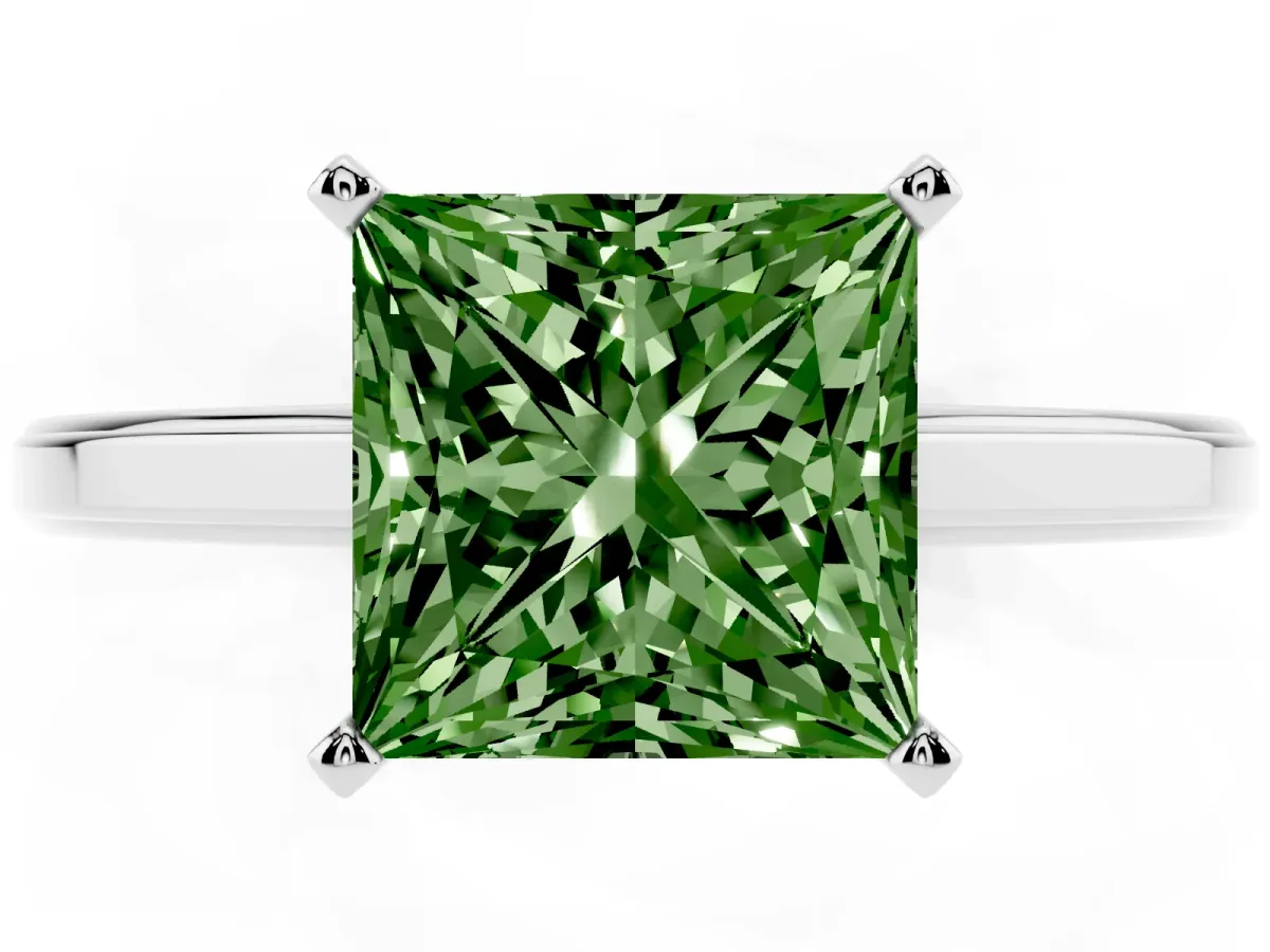 Fancy Green Princess Cut Solitaire Diamond Ring with Four-Prong Setting and Classic Band Platinum