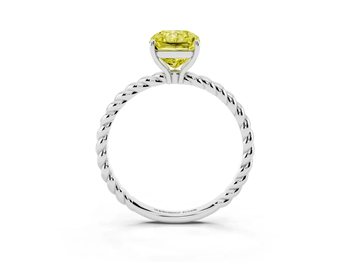 Fancy Yellow Radiant Cut Solitaire Twist Band Ring with Four-Prong Setting Silver