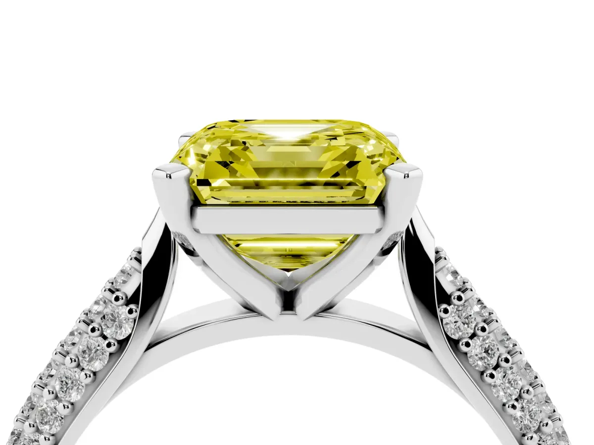 Fancy Yellow Asscher Cut Diamond Solitaire Engagement Ring with Multi-Row Round Pavé Band and Prong Setting White gold