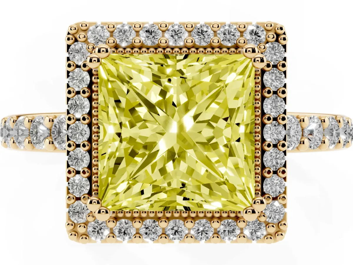 Fancy Yellow Princess Cut Cut Diamond Halo Engagement Ring with Milgrain Detail and Pavé Band Yellow gold