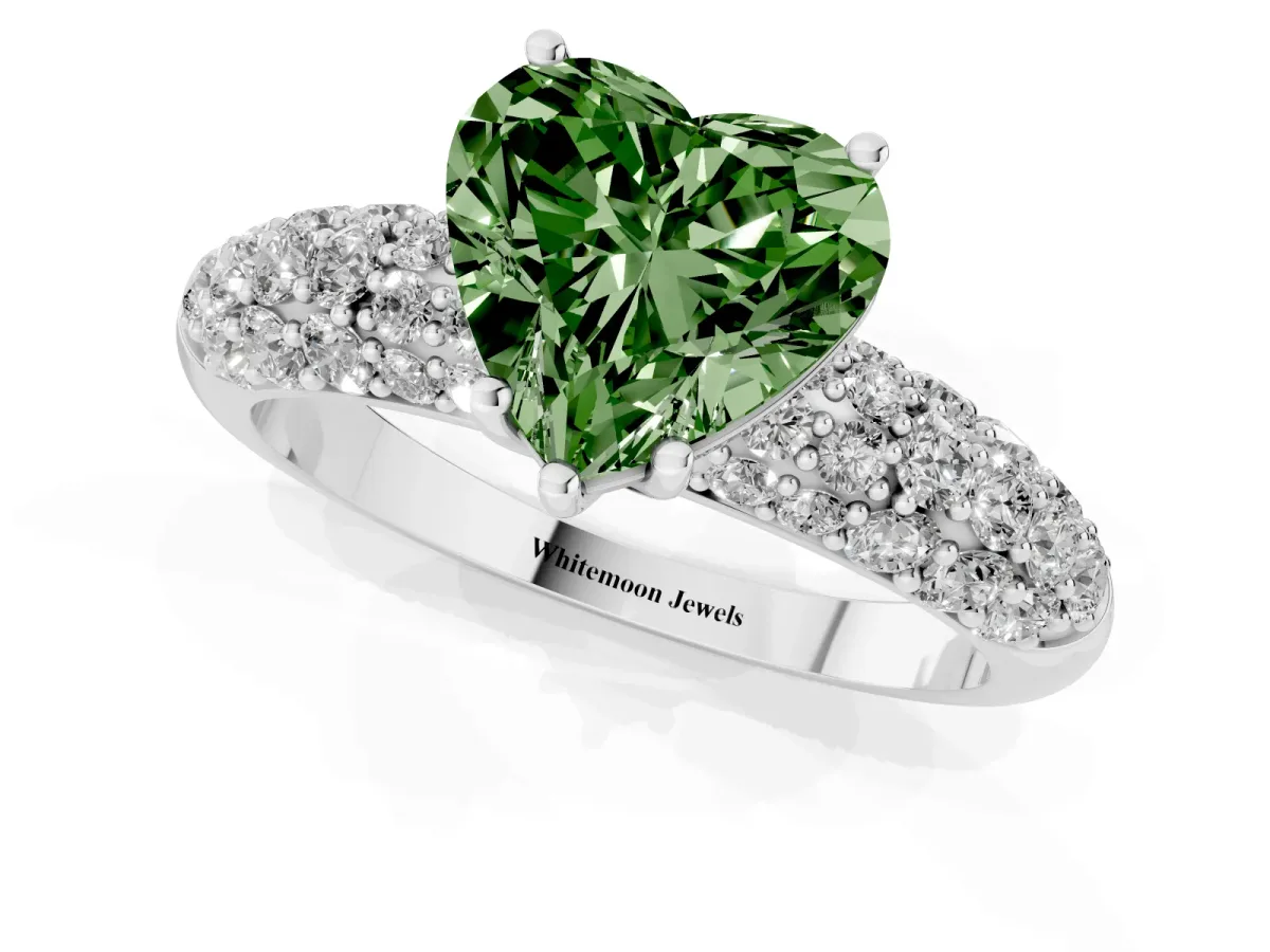 Fancy Green Heart Cut Diamond Pavé Band Solitaire Ring with Four-Prong Setting Silver