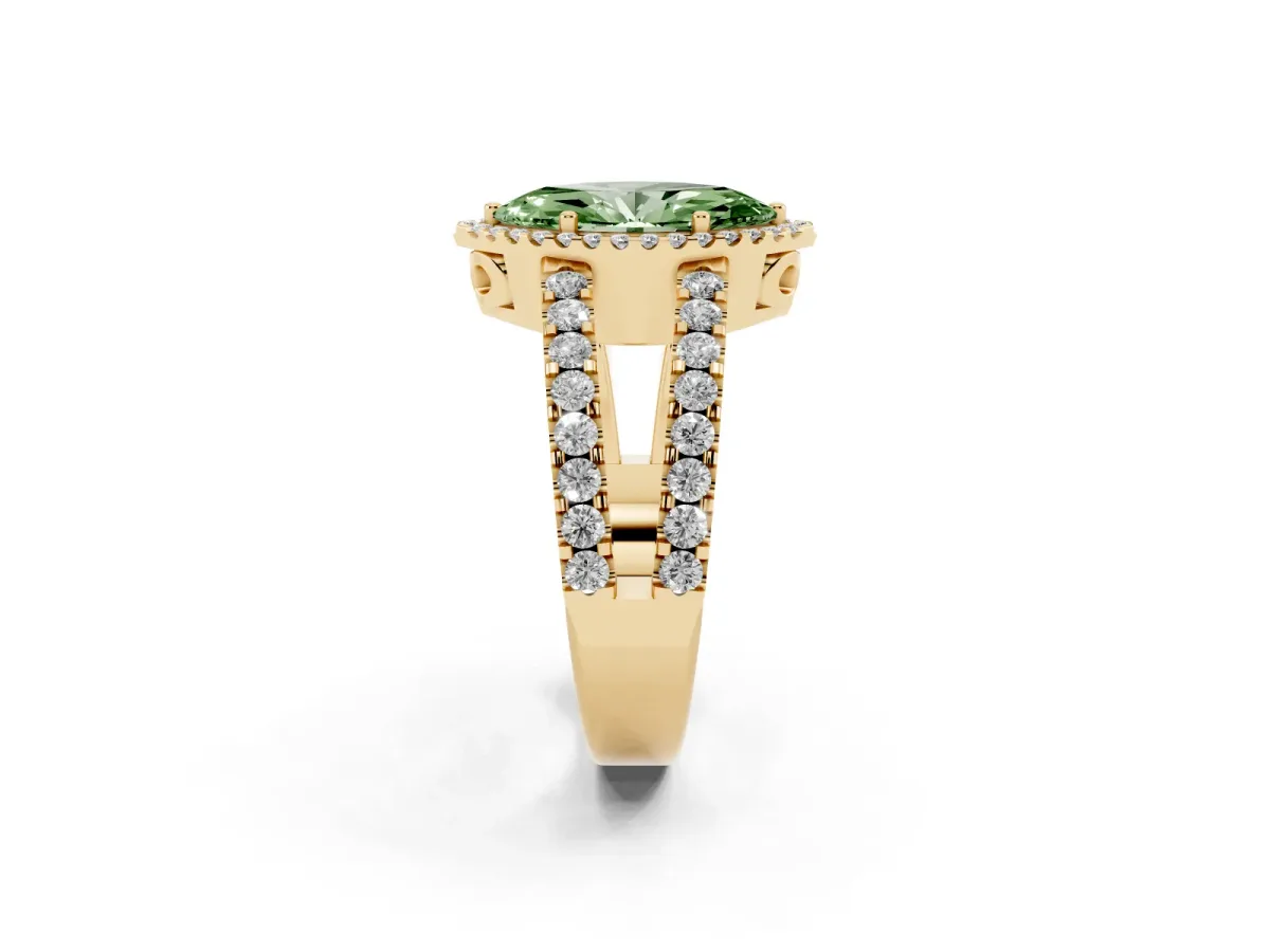 Fancy Green Marquise Cut Cut Halo Split Shank Diamond Ring with Four-Prong Setting Yellow gold