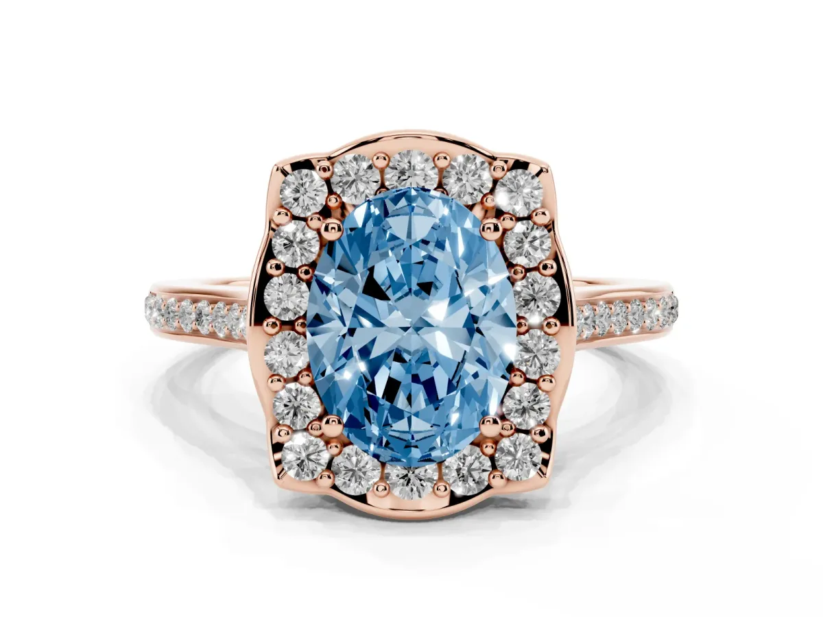 Fancy Blue Oval Cut Halo Round Diamond Pave Band with Four-Prong Setting Rose gold
