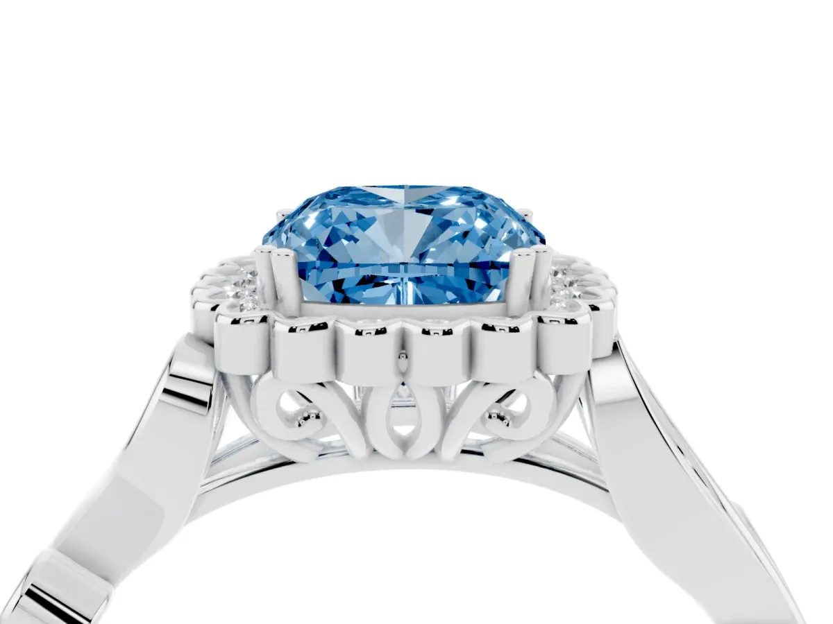 Fancy Blue Cushion Cut Diamond Halo Ring with Vintage Split Shank and Four-Prong Setting Silver