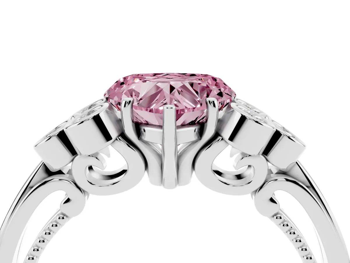 Fancy Pink Heart Cut Cut Diamond Engagement Ring with Bezel Set Round Side Stones and Prong Setting White gold