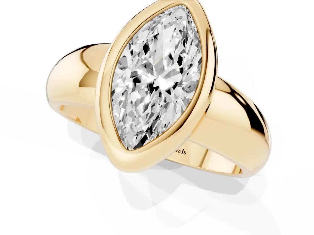 Bezel Set Marquise Cut Solitaire Ring with Wide Band Yellow gold
