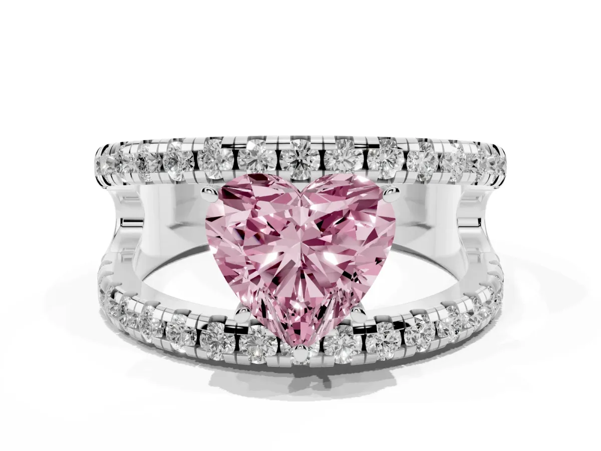 Fancy Pink Heart Cut Solitaire Split Shank Pave Diamond Ring White gold
