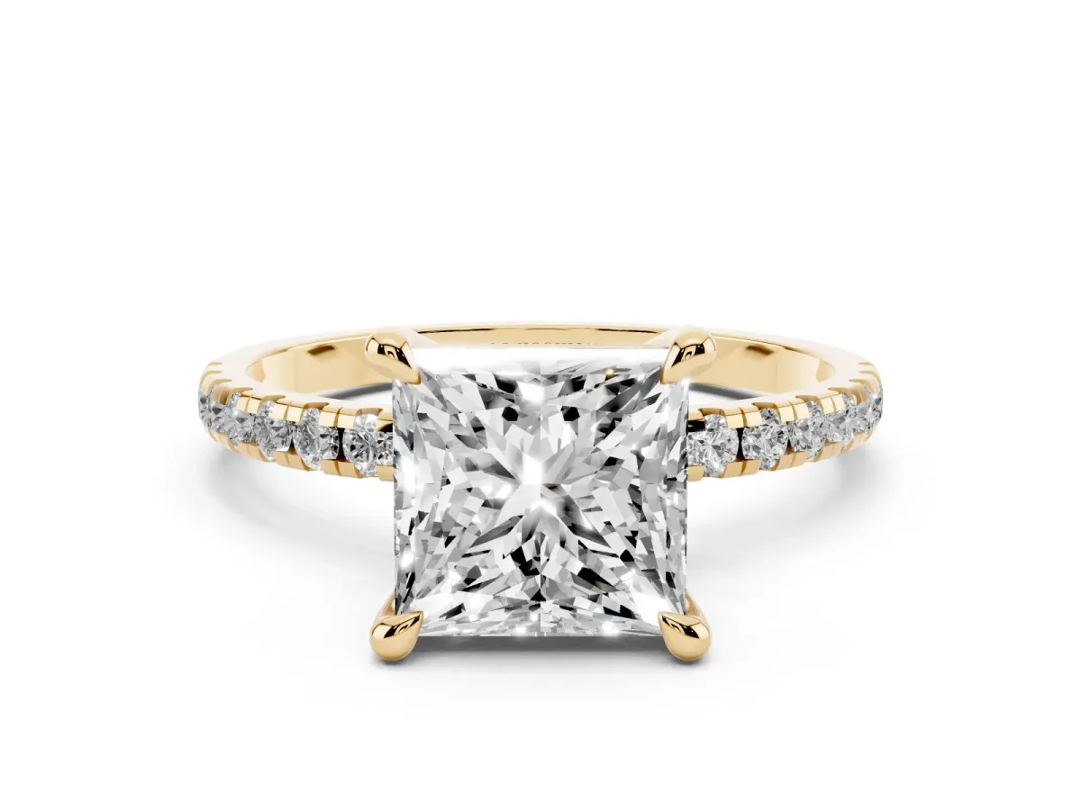 Princess Cut Diamond Brilliant Solitaire Ring with Pavé Band and Four-Prong Setting Yellow gold