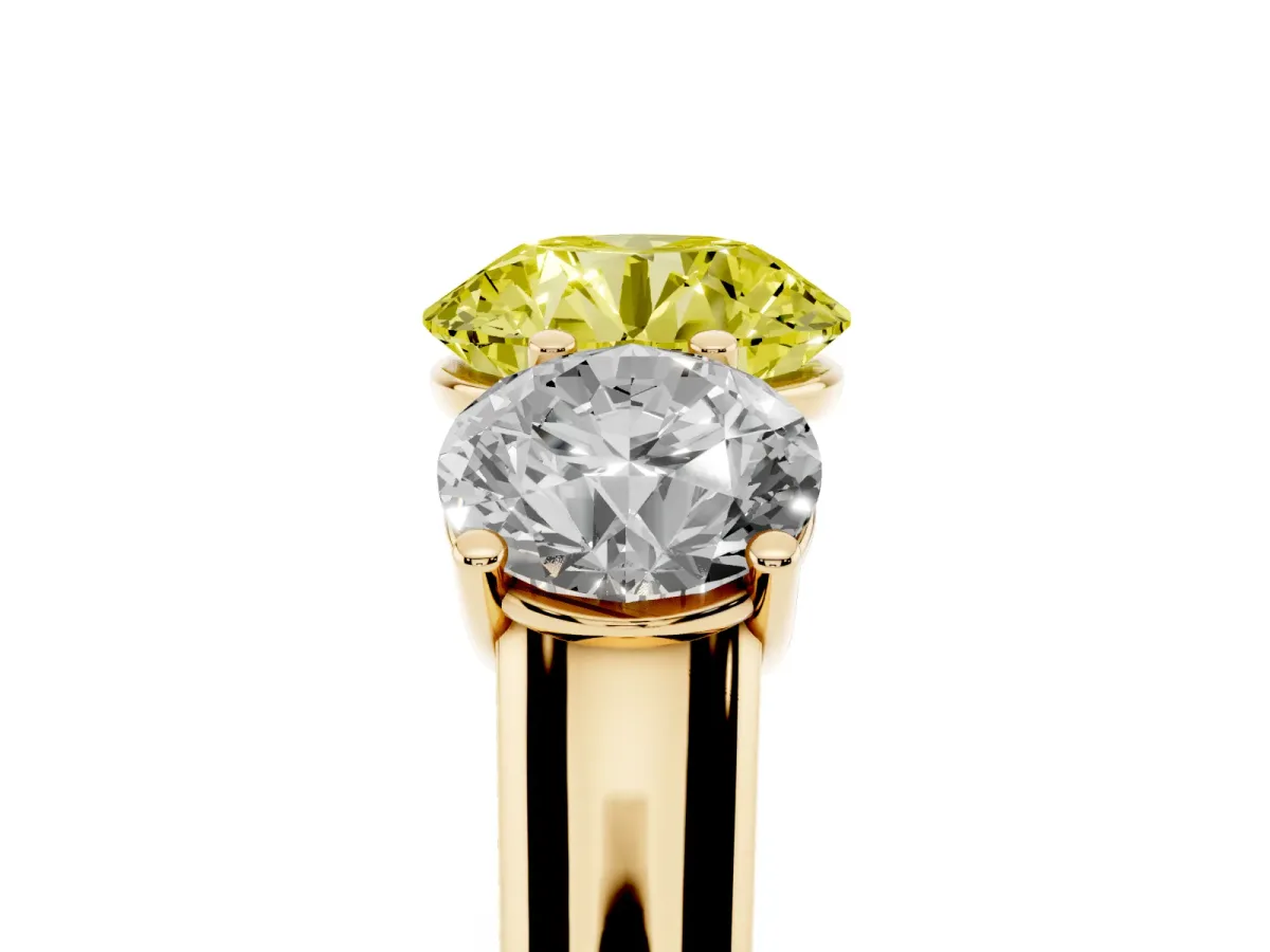 Fancy Yellow Round Cut Three-Stone Diamond Ring with Prong Setting on a Classic Band Yellow gold