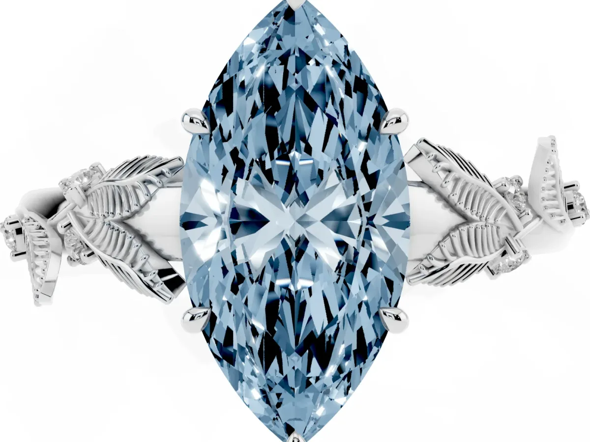 Fancy Blue Marquise Cut Diamond Solitaire Ring with Leaf Motif Band and Four-Prong Setting Platinum