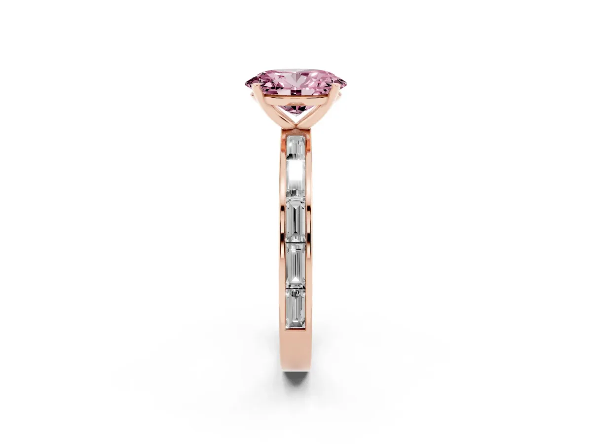 Fancy Pink Oval Cut Solitaire Diamond Ring with Channel-Set Baguette Band and Four-Prong Setting Rose gold
