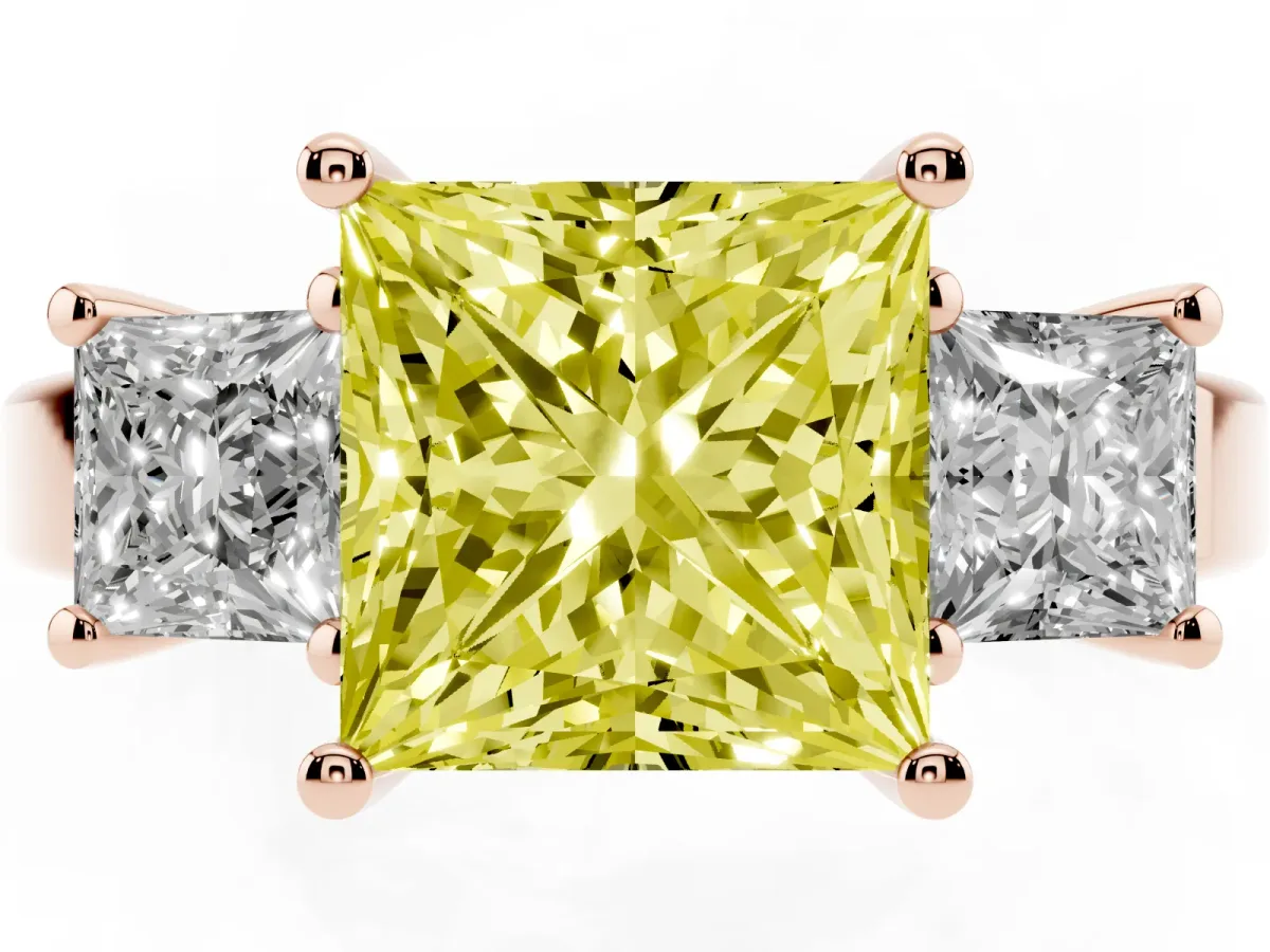 Fancy Yellow Three-Stone Princess Cut Cut Solitaire Ring with Prong Setting Rose gold