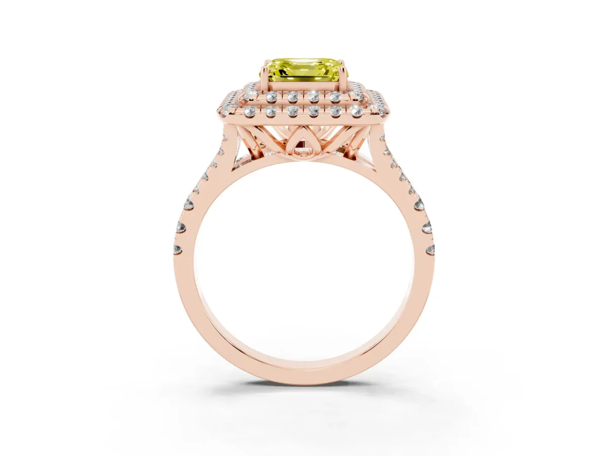 Fancy Yellow Double Halo Asscher Cut Diamond Pavé Split Shank Ring with Prong Setting Rose gold