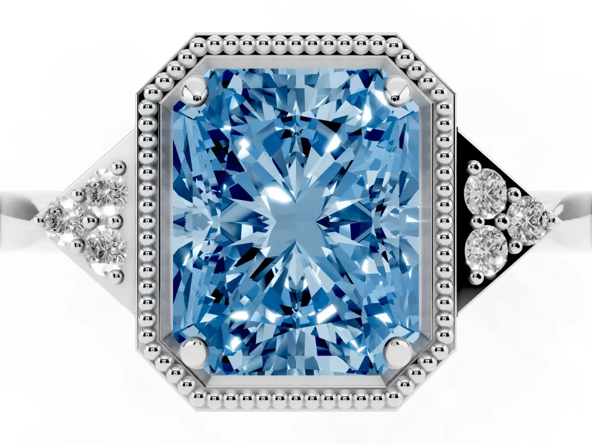Fancy Blue Radiant Cut Diamond Halo Ring with Tapered Band and Four-Prong Setting Silver