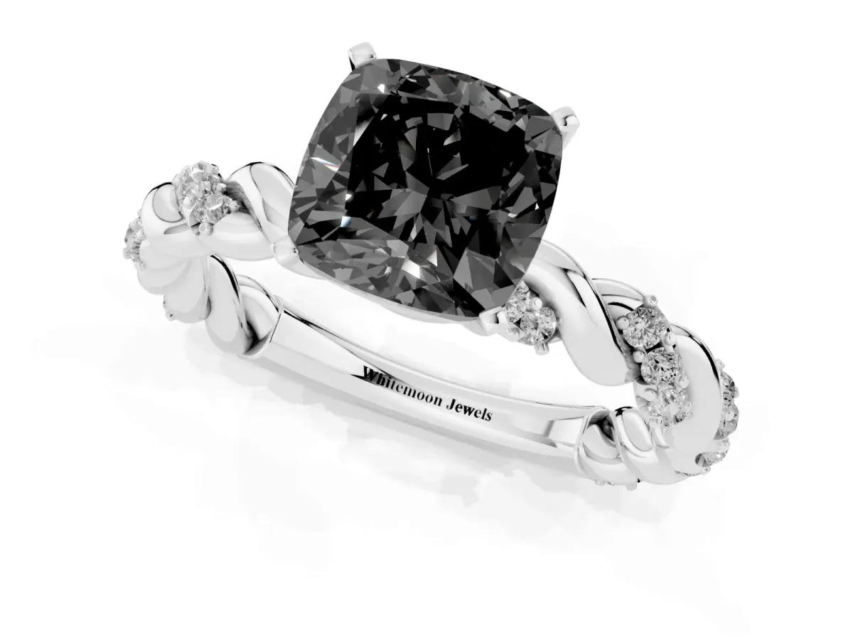 Fancy Black Cushion Cut Diamond Solitaire Ring with Twisted Band and Pavé Accents White gold