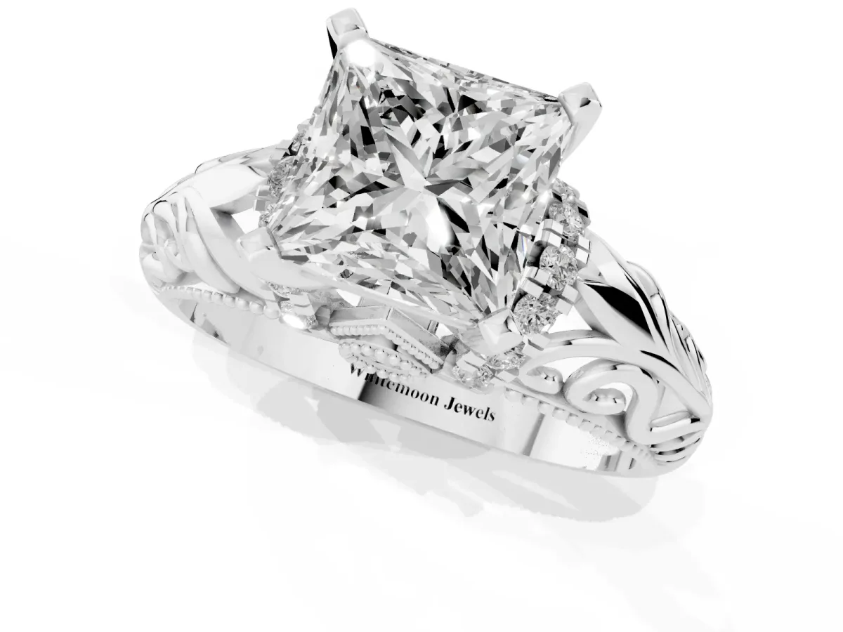 Princess Cut Solitaire Filigree Engagement Ring with Halo and Prong Setting Silver