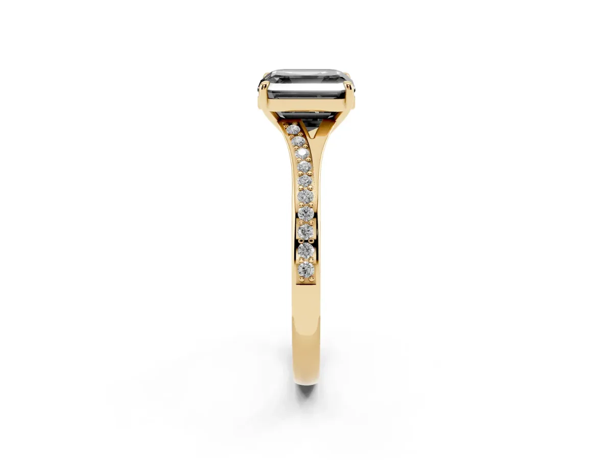 Fancy Black Asscher Cut Diamond Solitaire Ring with Pavé Band and Prong Setting Yellow gold